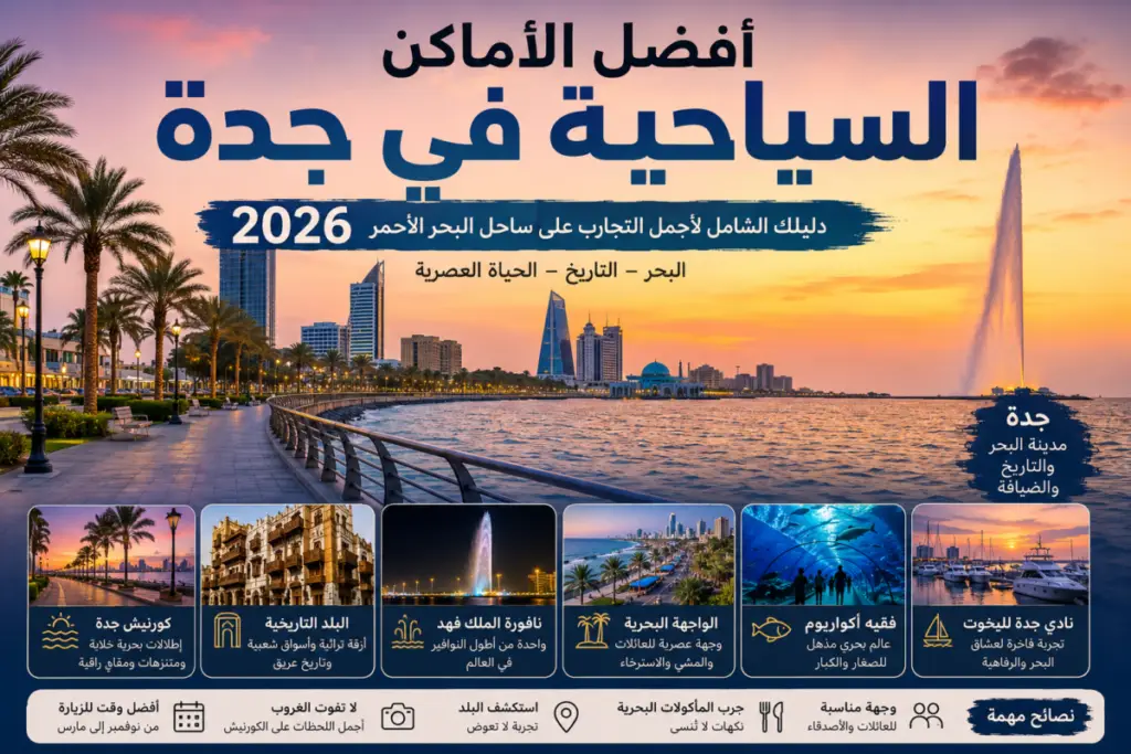 صورة غلاف لمقال أفضل الأماكن السياحية في جدة 2026 مع البحر والبلد وأهم معالم جدة السياحية