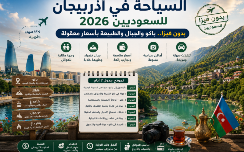 السياحة في أذربيجان للسعوديين 2026: بدون فيزا.. باكو والجبال والطبيعة بأسعار معقولة