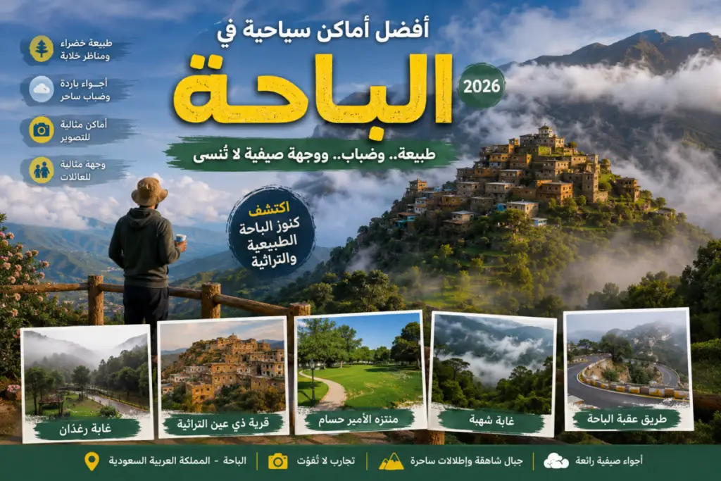 صورة سياحية لجبال وغابات الباحة مع أجواء ضبابية صيفية وطبيعة خضراء في السعودية