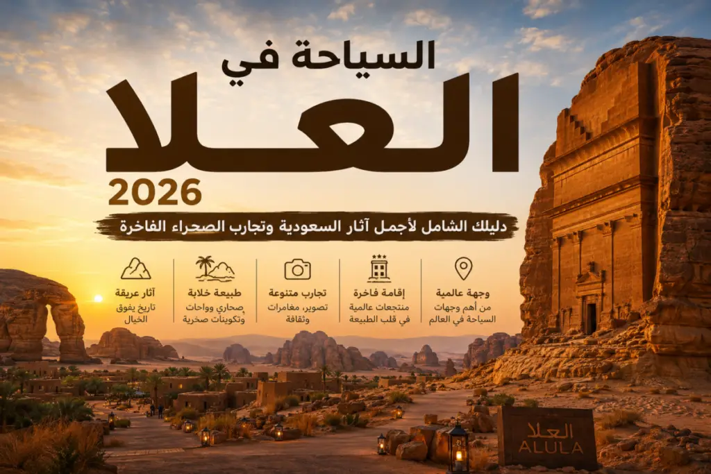 صورة غلاف لمقال السياحة في العلا 2026 مع مدائن صالح والتكوينات الصخرية وتجارب الصحراء في السعودية