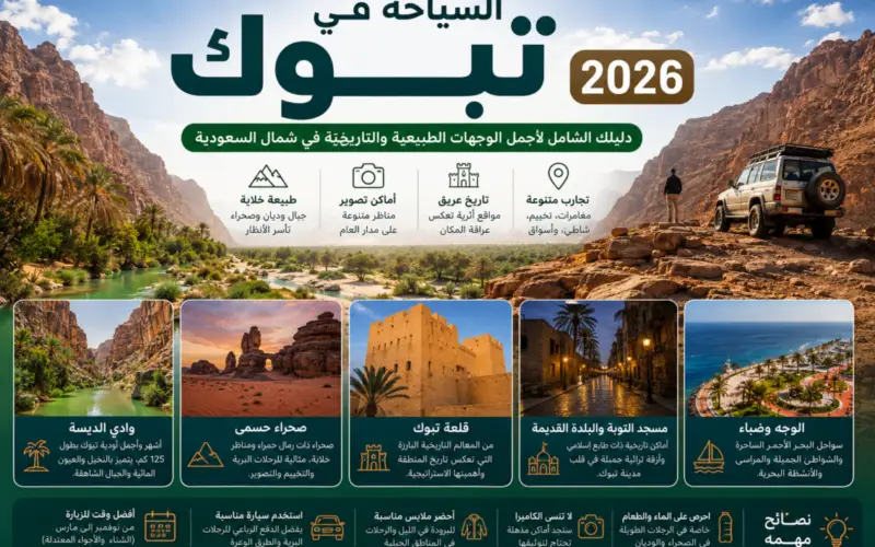 السياحة في تبوك 2026: دليلك الشامل لوادي الديسة، الصحراء، الجبال، وأجمل تجارب شمال السعودية