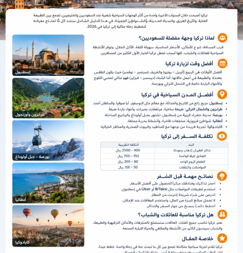 السياحة في تركيا 2026: الدليل الشامل لأجمل المدن والتكاليف والنصائح للسعوديين