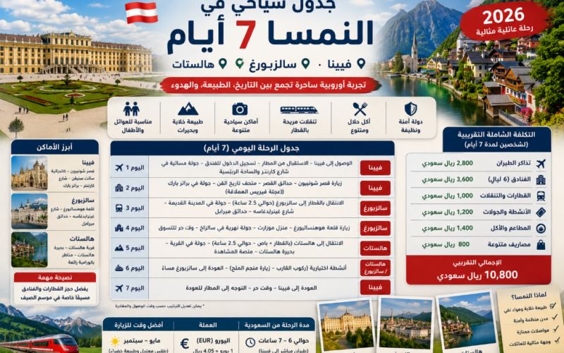 جدول سياحي في النمسا 7 أيام: فيينا، سالزبورغ، هالستات + تكلفة شاملة 2026