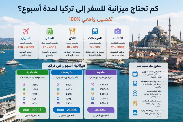 كم تحتاج ميزانية للسفر إلى تركيا لمدة أسبوع؟ (تفصيل واقعي)